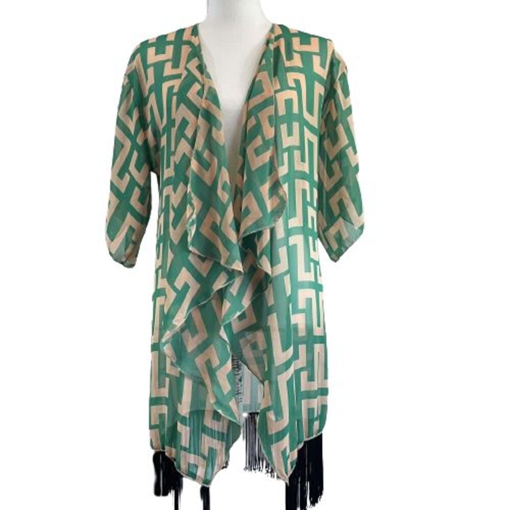 LuLaRoe Women's Small Green and Beige Patterned Kimono Top with Fringe